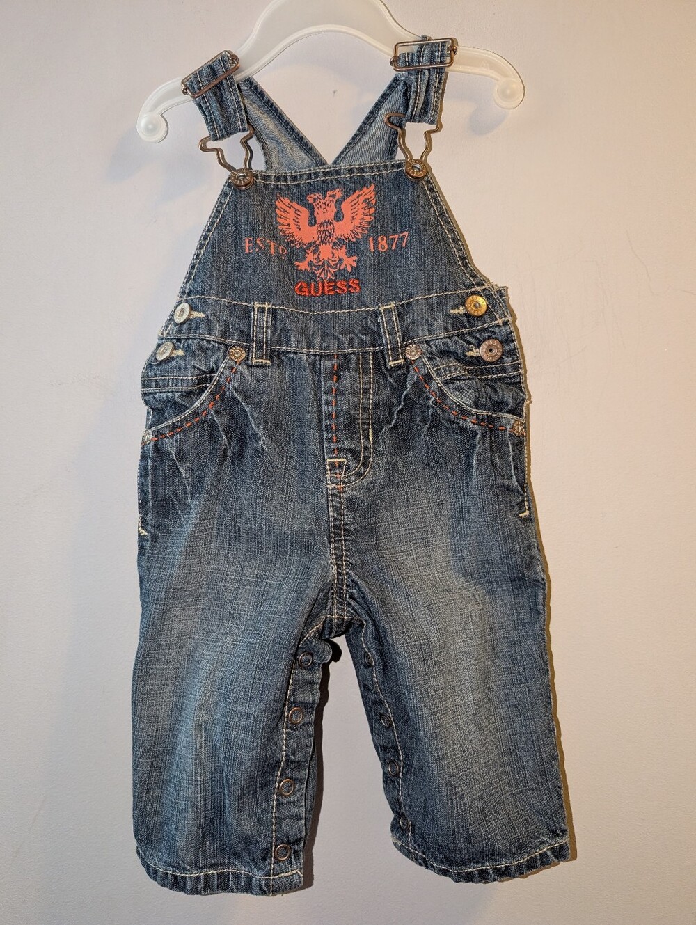 GUESS Kids Cotton Denim Baby Overalls with Orange Logo & Embroidery 3-6 Months